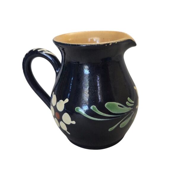 Vintage French Dark Blue Pottery Milk Pitcher Floral Vase Blue White - Picture 3 of 11